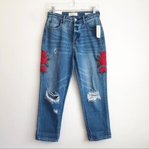 NWT NEW PACSUN mom jeans embroidered red rose boho dad 90s y2k high rise floral